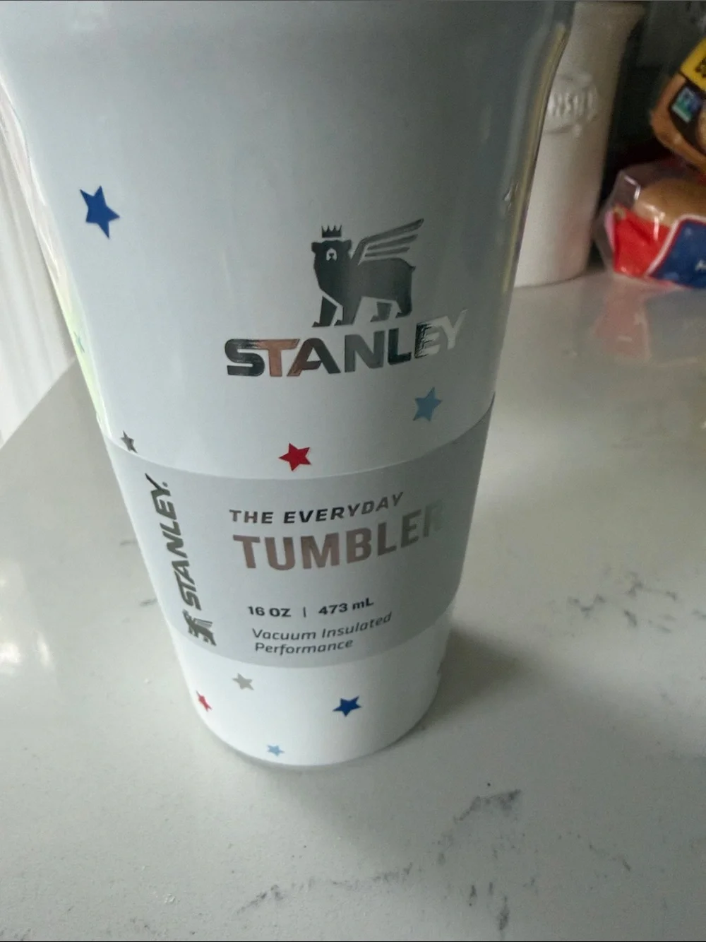 Stanley White Tumbler with Red & Blue Star Accents